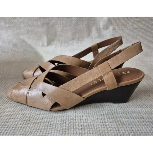 Aerosoles Brand New In Box Carmel Brown Leather Wedge Heel Sandals Shoes Size 9M