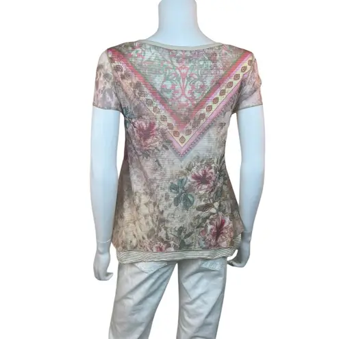 Sundance Catalog Floral Mesh Overlay Short Sleeve Top