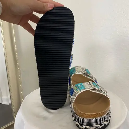 Chunky Silver Blue Rhinestone Beaded Bedazzled Platform Sandal Slides 10 10.5