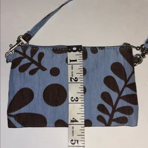 BLUE AND BROWN NYLON/CANVAS LIKE MINI PURSE DETACHABLE HANDLE WILL HOLD IPHONE
