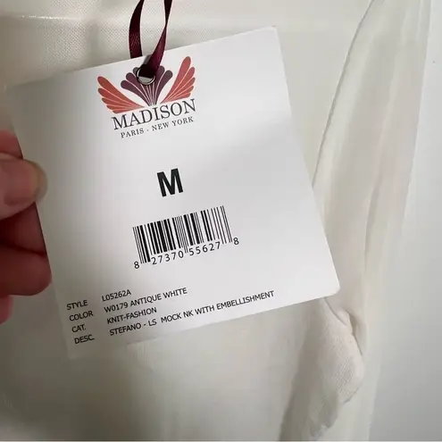 Madison Stefano Mock Neck Top w/ Embellishment Antique White M Size M