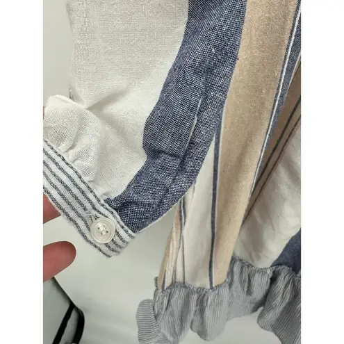 Mystree Womens Dress Khaki Blue Striped Boho Cottagecore Cotton Peasant Size S