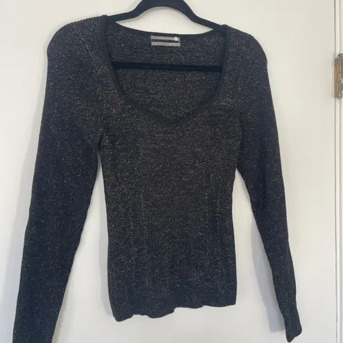 Anthropologie  Black Gold Metallic Knit Sweetheart Neck Long Sleeve Sweater Top M