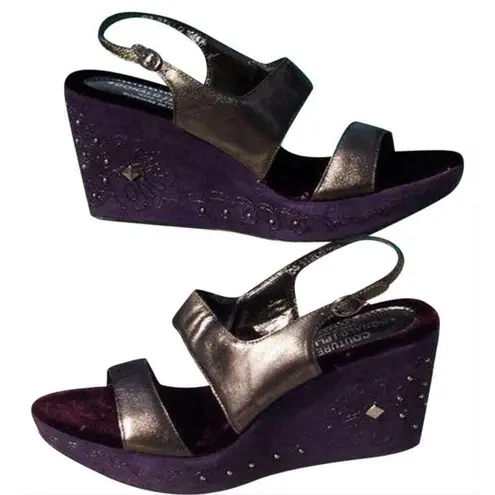 Donald Pliner Metallic Leather Wedge Platform Shoe New Suede Embroidery $275 NIB Purple Size 10