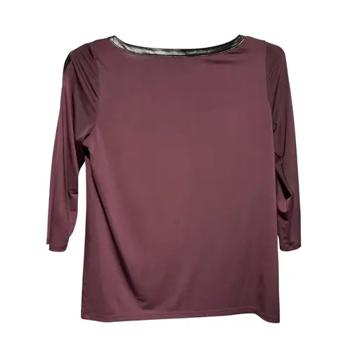 Ann Taylor Maroon Black pLeather Trim 3/4 Sleeve Stretch Top Sz M Purple Size M