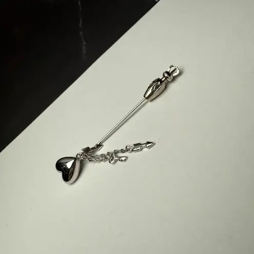 Trifari Signed Heart With Dangle Charms Silver Tone Lapel Stick Pin
