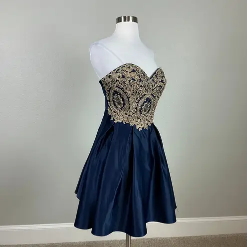 Betsy and Adam Beaded Strapless Fit and Flare Cocktail Dress Blue and Gold Size 10 - Image 3
