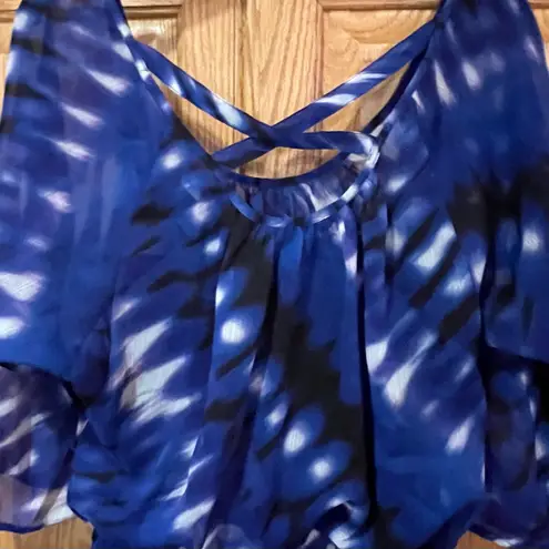 EXPRESS  Blue, Black &‎ White Dress w/ Criss-Cross Back Elasticized Waist Size XS