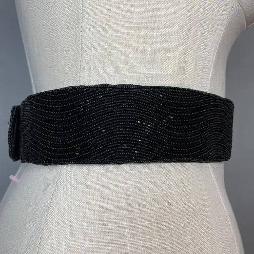 Deadstock Beaded Belt Vintage Women Black Structured Wide Hook and Loop Fancy