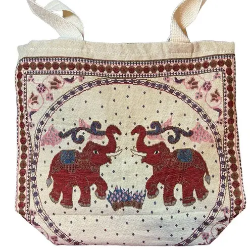 Thai Elephant Print Shoulder Bag Canvas Zip Close Tote Boho Global Artisan White