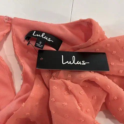 NWT Lulus Meadowlake Coral Orange Swiss Dot Lace Bell Sleeve Romper Size SMALL