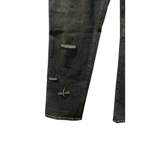 Ane' V Y2k Vintage Rhinestone Safety Pin Denim Blue Jeans Size 10 Bling Distress
