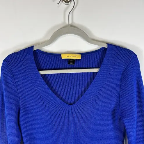 St. John Cobalt Blue Ribbed Knit Sweater Womens Sz M Designer Wool Silk Cashmere