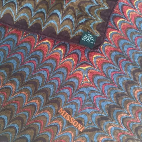 Missoni Vintage Marbled Silk Scarf in Red, Rust, Blue, Brown, Cream 33.5" Square