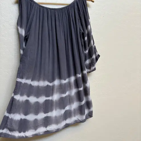 Soft Surroundings Gray White Tie Dye Cold Shoulder Tunic Top L Gauze Fabric