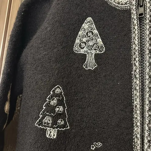 Susan Bristol Vintage Black 100% Wool Winter tree sweater Zip Up Jacket