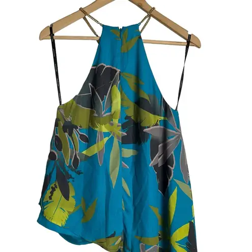 Marciano Blue Tropical Floral Print Halter Gold Chain Asymmetric Top Size Small