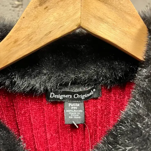 Designer Originals Vintage Y2K Red Black Faux Fur Trim Full Zip Chenille Knit Jacket Medium Petite
