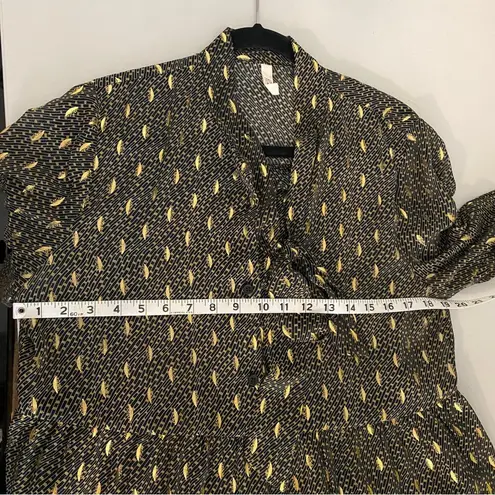 Elan Black Gold Metallic Feather Tie Neck Bow Button-up Bell Sleeve Dress Large