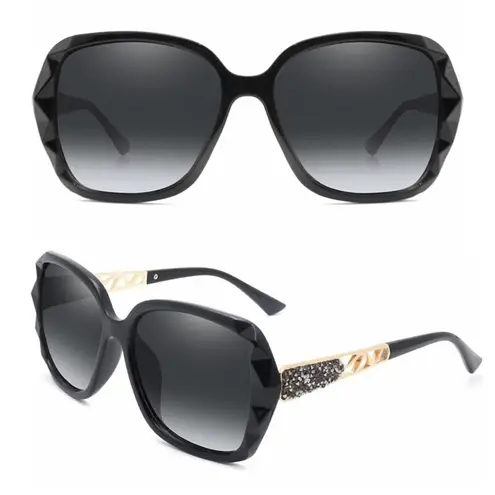 Black & Gold Oversized Square Sunglasses Polarized Tinted w Crystal Frames Nwt