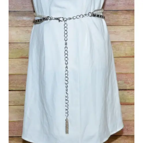 None Great Multi Chain & Faux Pearl Silver Tone Adjustable Belt Faux Leather 37-50 in