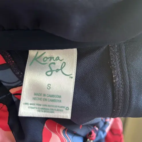 Kona Sol Blue/Salmon Floral Print One Piece Bathing Suit sz S