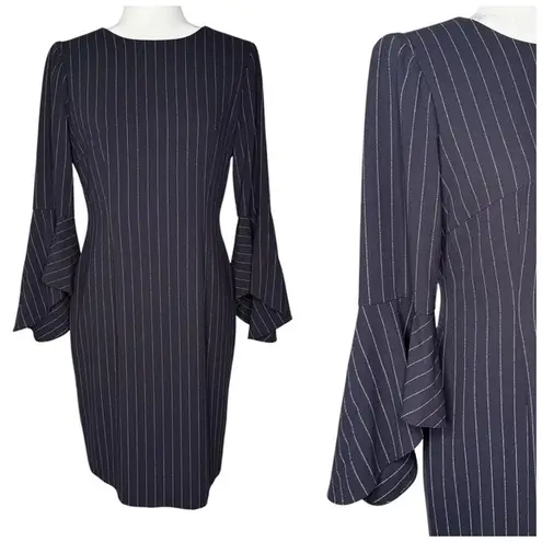 Tahari Navy Pinstripe Dress 6 Bell Sleeve Pencil Sheath Knee Length Lined Career