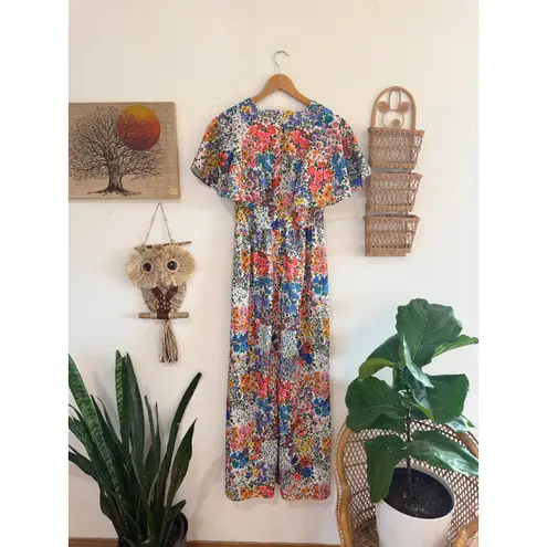 None 70s Vibrant Floral Print Flutter Sleeve Maxi Dress