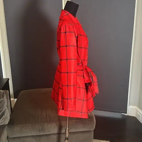 Women’s Red Turn Down Collar Wrap Trench Coat Grid Pattern Belted L (**tag XL) Size L