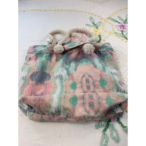 Abstract Beach Tote Bag Rope Handles Turquoise Lining Travel Shopper Pink