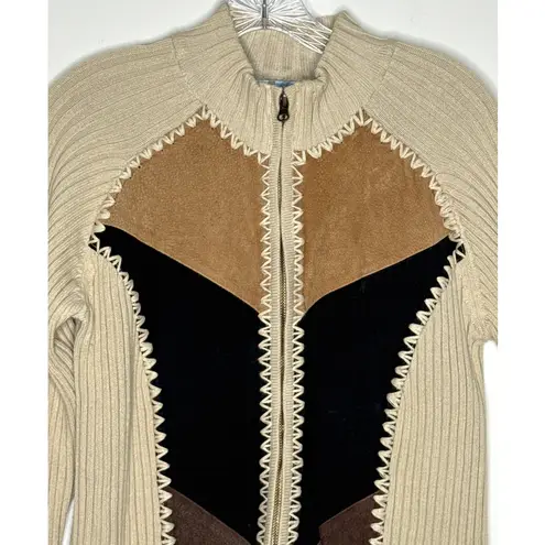 Vintage Kikit by Maurice Sasson Leather Knit sweater zipper jacket 90s Western M Tan Size M