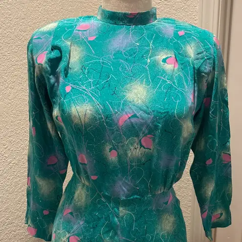 Vintage 1980s Long Sleeve Midi Dress Abstract All Over Print Teal & Pink Sz Lg