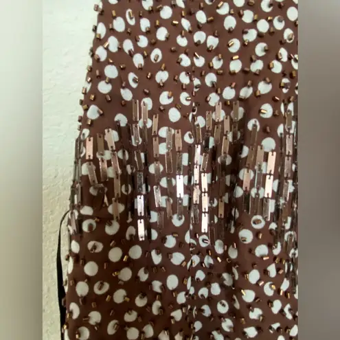 Vintage Cachet Spaghetti Strap Polka Dot Brown Beaded Maxi Dress, Size 4