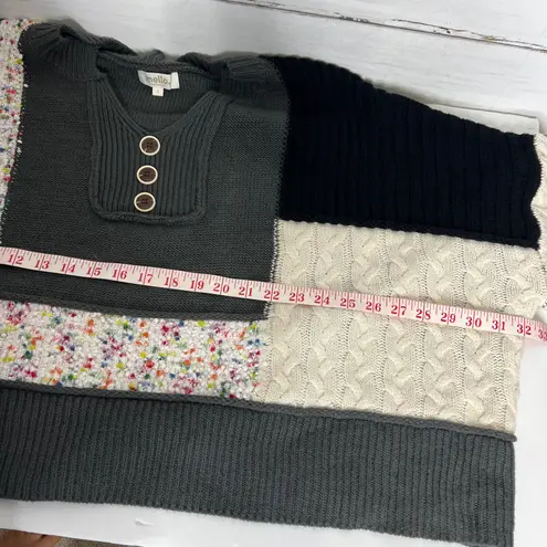 Mello Patchwork Sweater Colorblock Knit Henley Boho Size Small Gray