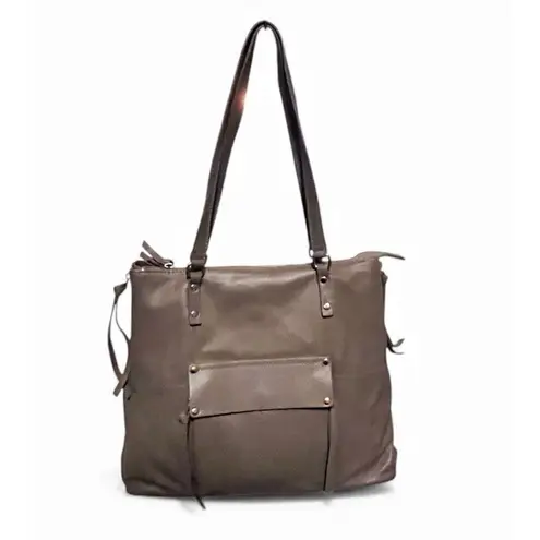 Kooba Leather Tote Bag Brown Zip Gusset Sides Expandable Front Pocket Shoulder