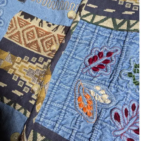 Vtg 1990s Keren Hart Denim Tribal Print Cotton Patchwork Button Up Jacket Sz M Blue Size M