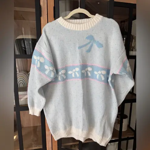 Vintage 80s Pastel Bow Sweater knit crewneck Pullover DELIVERYLtd grandmillenial Blue Size XL