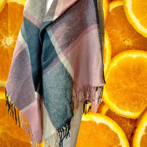 Chic Plaid Poncho Cape Scarf Wrap Button Closure Fringe Trim For Women Pink Size XL