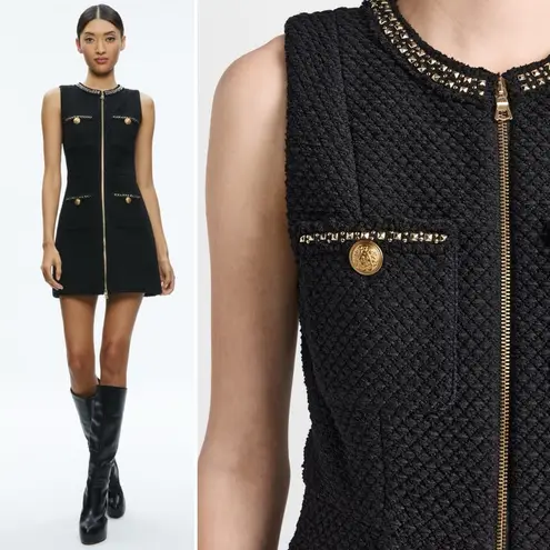 NWT Alice + Olivia Lachlan Boucle Tweed Mini Dress Size 12 Black Gold