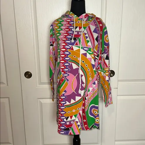 80s VTG VIBRANT GEOMETRIC HOODED SWEATSHIRT DRESS Pink Size M