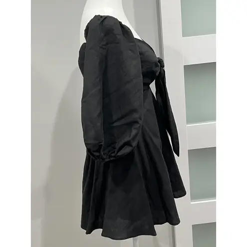 Charlie Holiday Black Puff Sleeve Tie Front Mini Dress XS Smocked Back Cutout