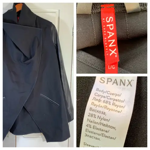 Spanx  Black Wrap Drape Faux Leather Sleeve Statement Jacket Coat Size L / G‎