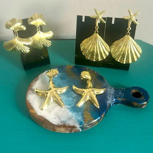 3 Pair Ocean Beach Gold Tone Starfish and Shell Dangle Statement Earrings Set
