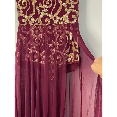 Elegant Burgundy Mesh Gown Gold Sequins Embellished Illusion Bodice Purple