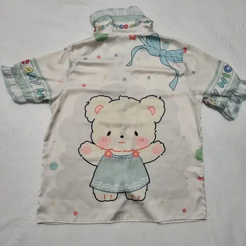 Women’s Kawaii Top Teddy Bear Ruffles Button Shirt Pajama Lounge size Small