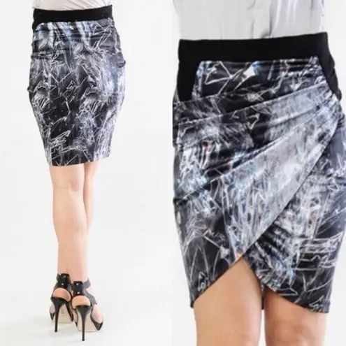 Helmut Lang SILK Cellophane Print Faux Tulip Hem Wrap Skirt Black Silver 4 NWT