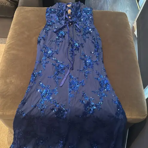 Women’s Blue Sparkly Mermaid Fit Prom Party Dress CrissCross Straps Size 10 NWT