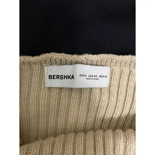 Bershka Lace-Up Back Crochet Knit Mini Dress in Tan (X-SMALL)