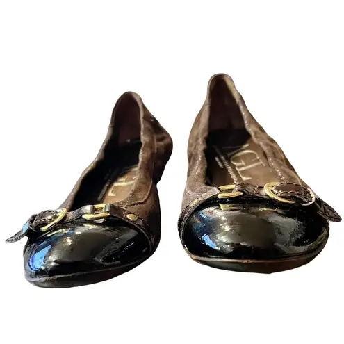 AGL Ballet Flats Brown Monika Cap Toe Suede Patent Leather Shoes Buckle 36 EUC Size 5.5