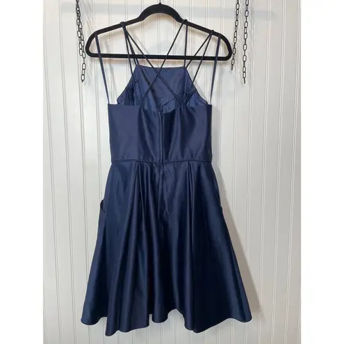 Blondie Nites Blue Satin Jeweled Embellished Strappy Cocktail Dress Juniors Sz S